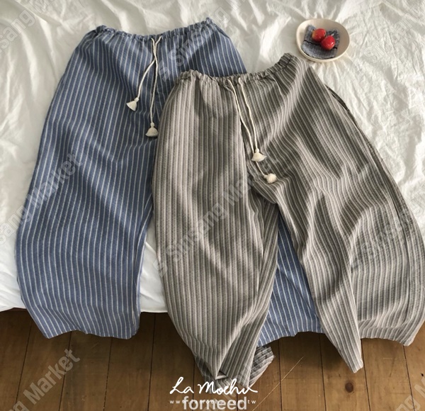 流蘇抽繩條紋長褲